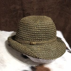 Olive GreenGold Ladies Knit Hat w Gold Buckle Band